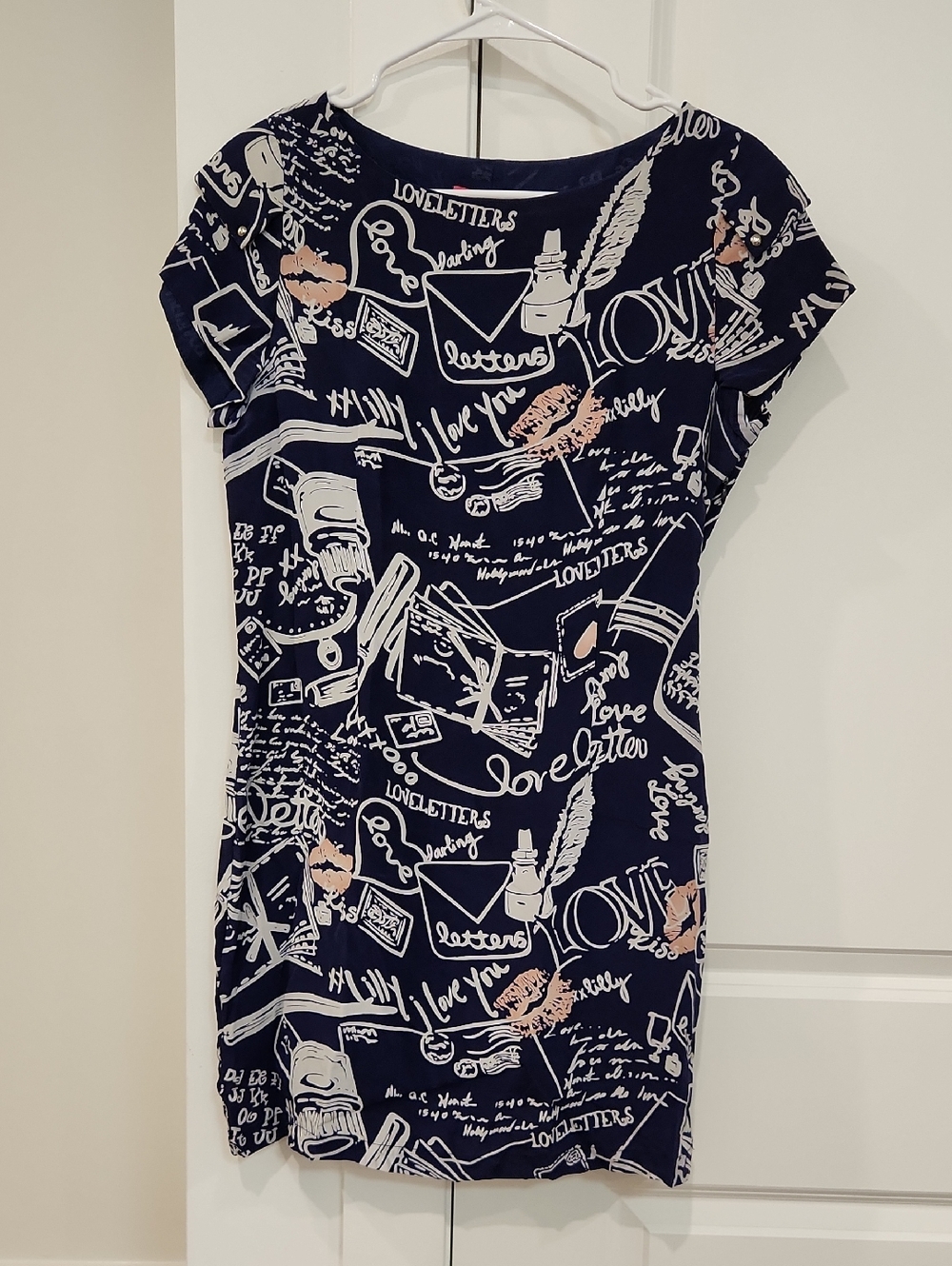 NWOT Silk Dress Navy Graphic Shift Dress with Script Print